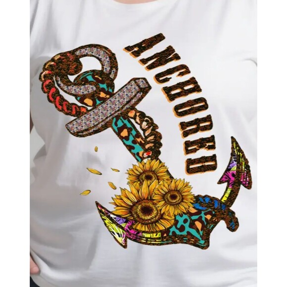 Anchored T-shirt Women's Large White Faith-based Sunflowers and Anchor - Picture 2 of 3